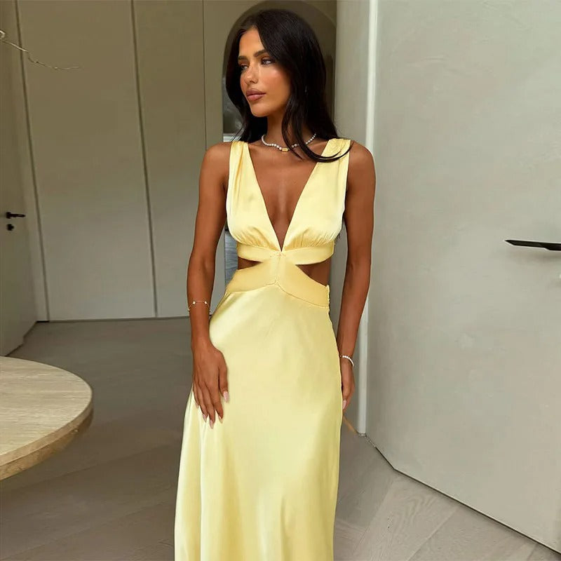 Satin Maxi Dress – Deep V Neck Cut Out Evening Gown