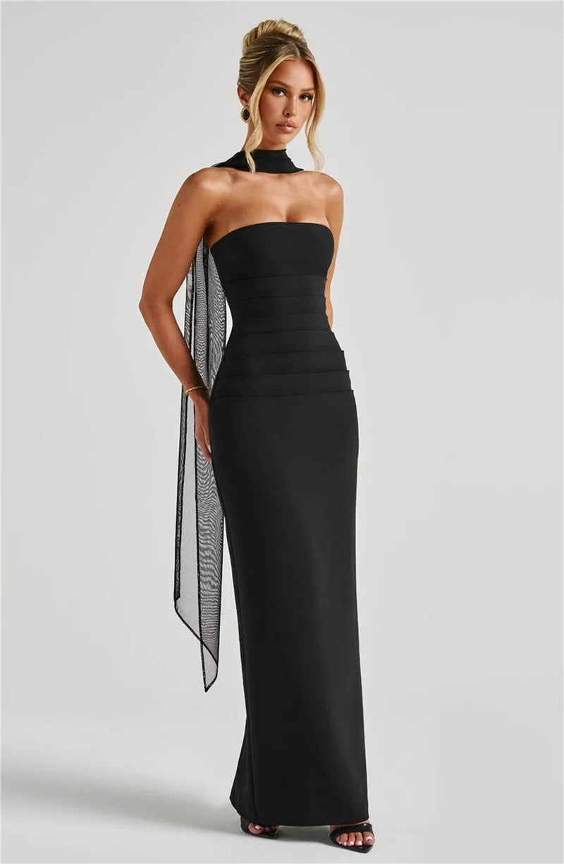 Elegant Strapless Maxi Dress – Scarf Neck Backless Evening Gown