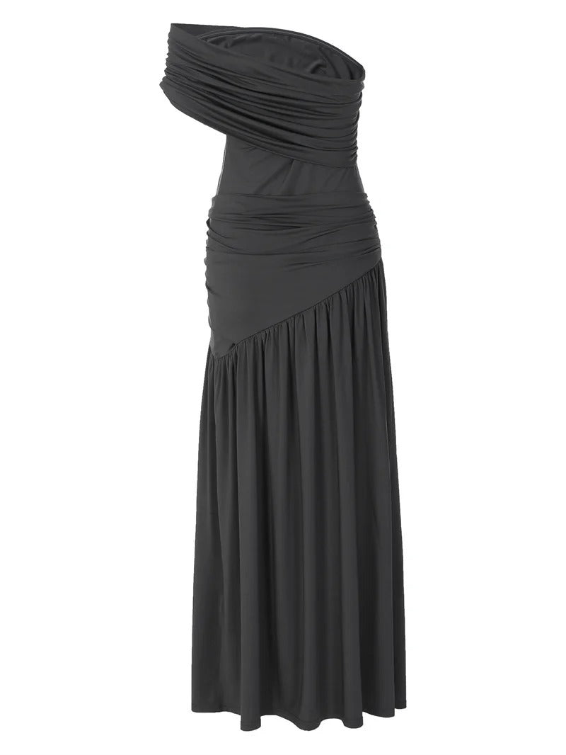 One Shoulder Satin Maxi Dress – Ruched Evening Gown