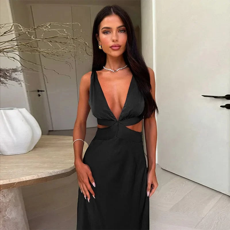 Satin Maxi Dress – Deep V Neck Cut Out Evening Gown