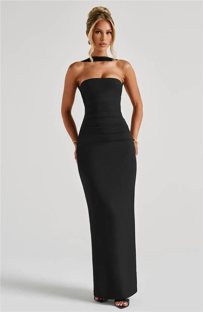 Elegant Strapless Maxi Dress – Scarf Neck Backless Evening Gown