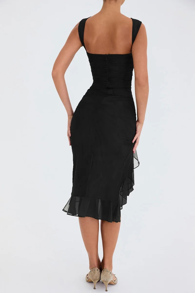 Ruffle Bodycon Dress – Sleeveless Ruched Midi Gown
