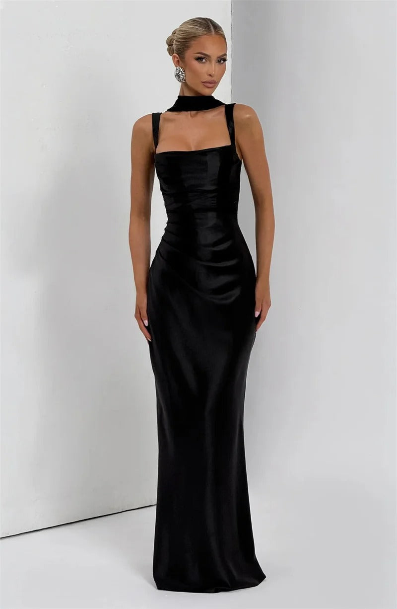Elegant Lace Up Satin Backless Maxi Dress – Evening Gown