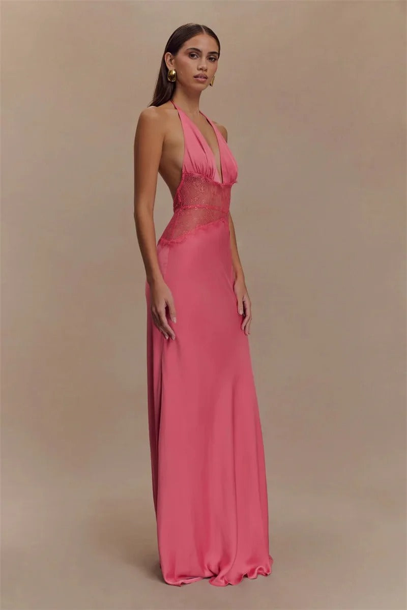 Halter Maxi Dress – Deep V Neck Lace Waist Evening Gown