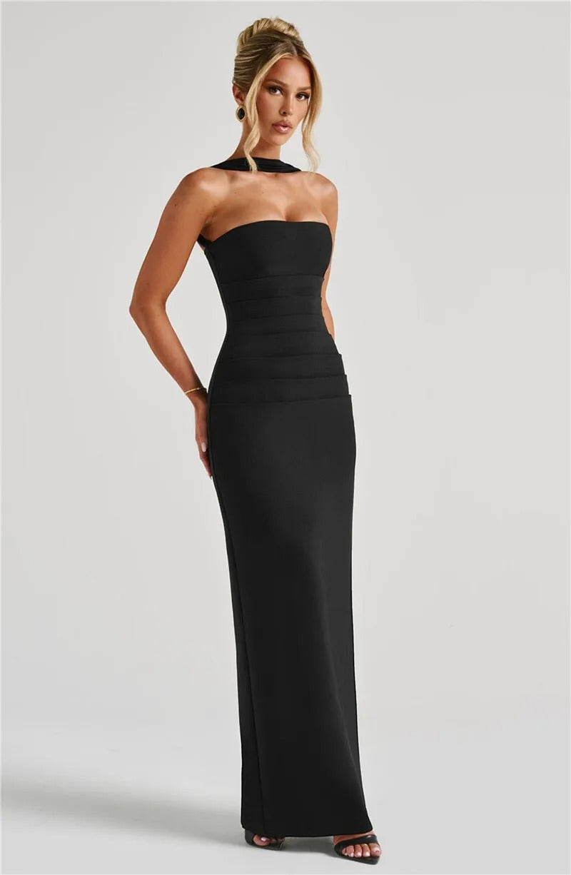 Elegant Strapless Maxi Dress – Scarf Neck Backless Evening Gown