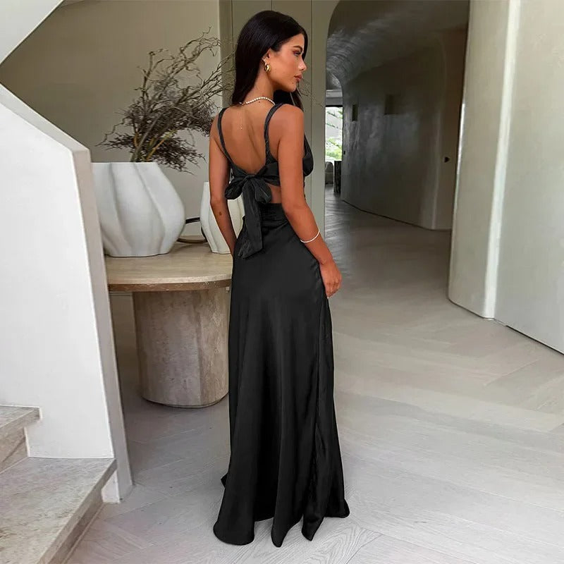 Satin Maxi Dress – Deep V Neck Cut Out Evening Gown