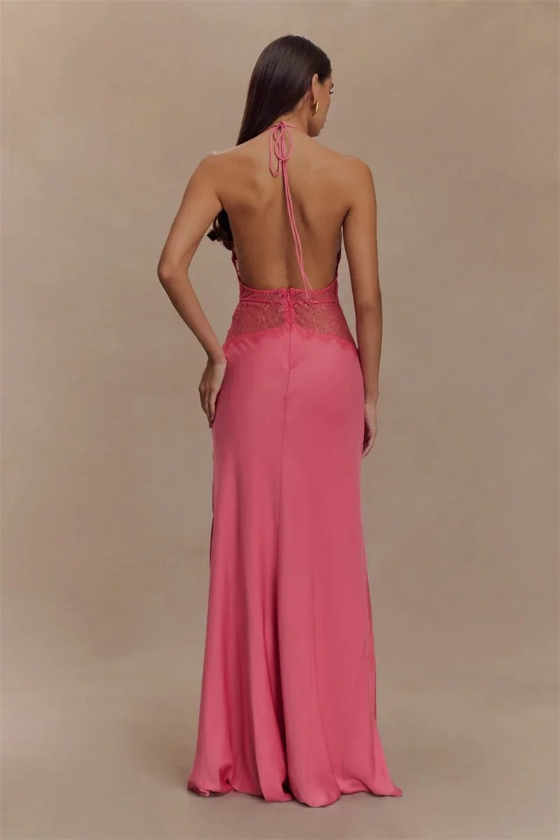 Halter Maxi Dress – Deep V Neck Lace Waist Evening Gown