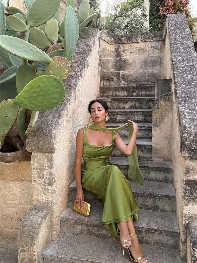 Elegant Lace Up Satin Backless Maxi Dress – Evening Gown