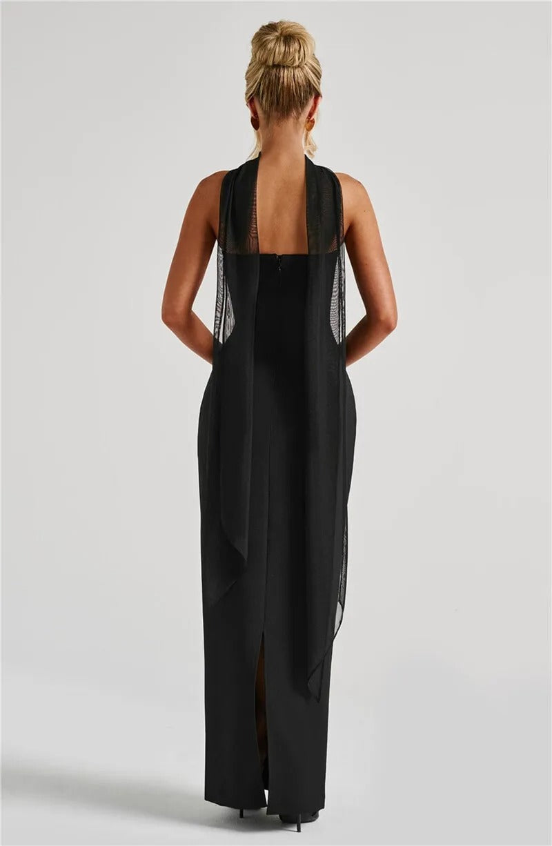Elegant Strapless Maxi Dress – Scarf Neck Backless Evening Gown