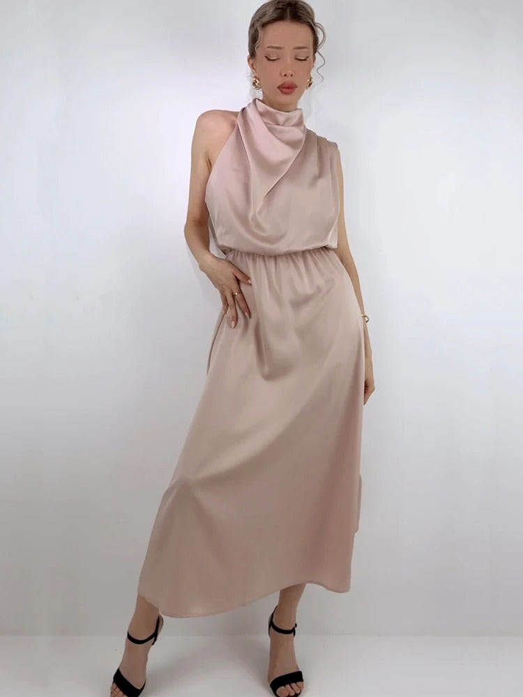 Satin Halter Neck Evening Dress Formal Gown