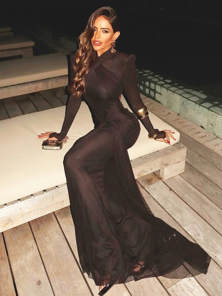 Long Sleeve Draped Maxi Dress – Elegant Bodycon Evening Gown