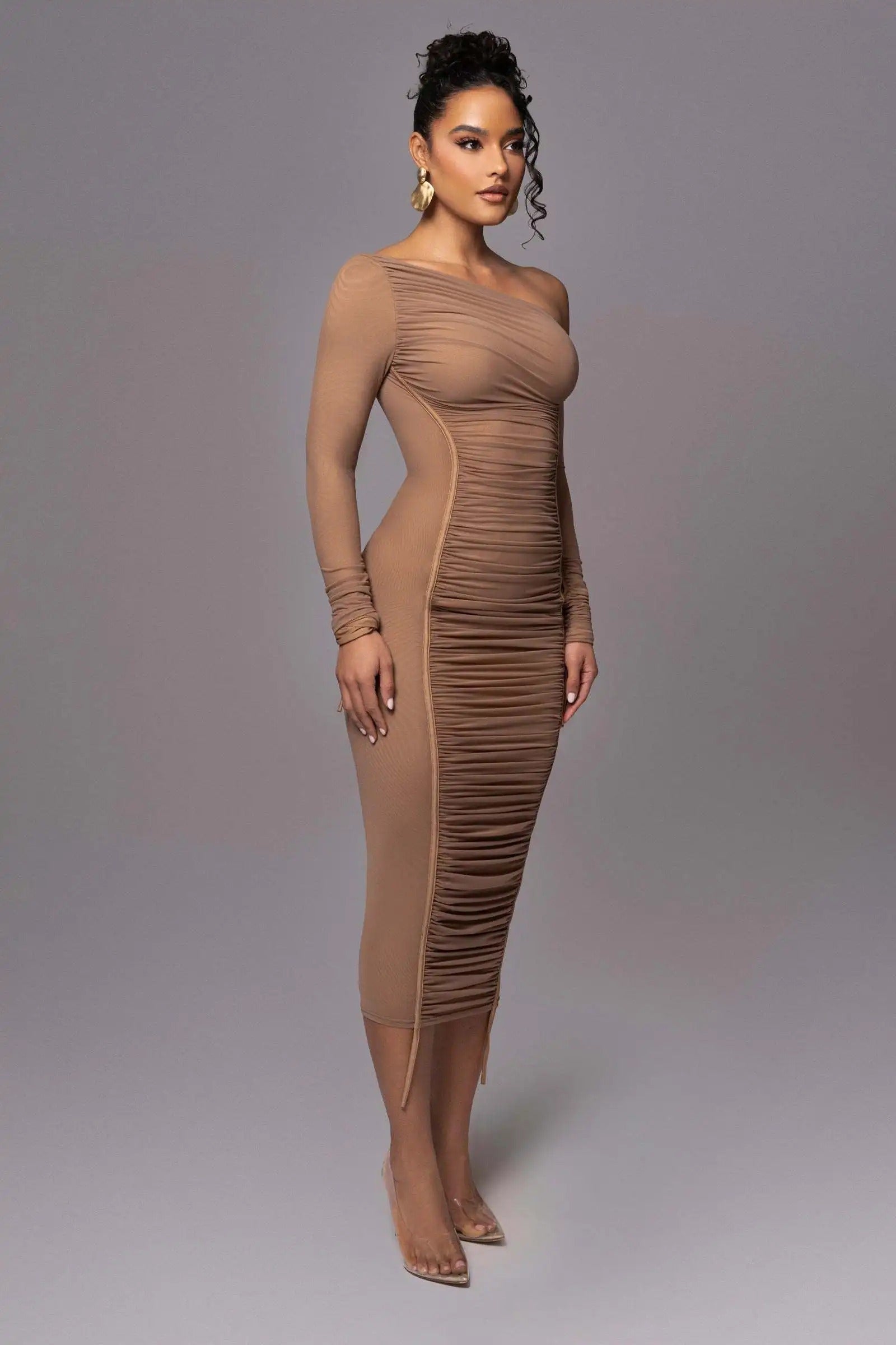 Elegant One Shoulder Long Sleeve Midi Dress – Bodycon Ruched Party Outfit