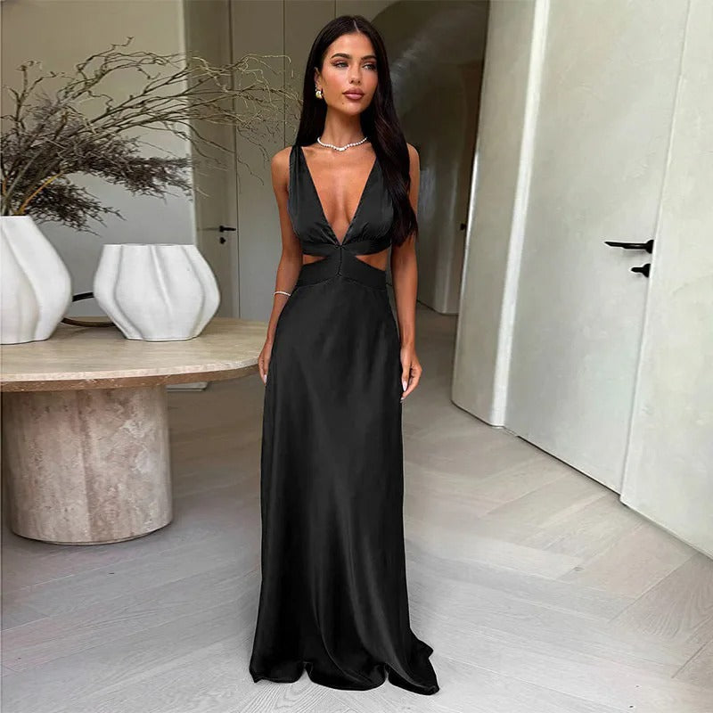 Satin Maxi Dress – Deep V Neck Cut Out Evening Gown