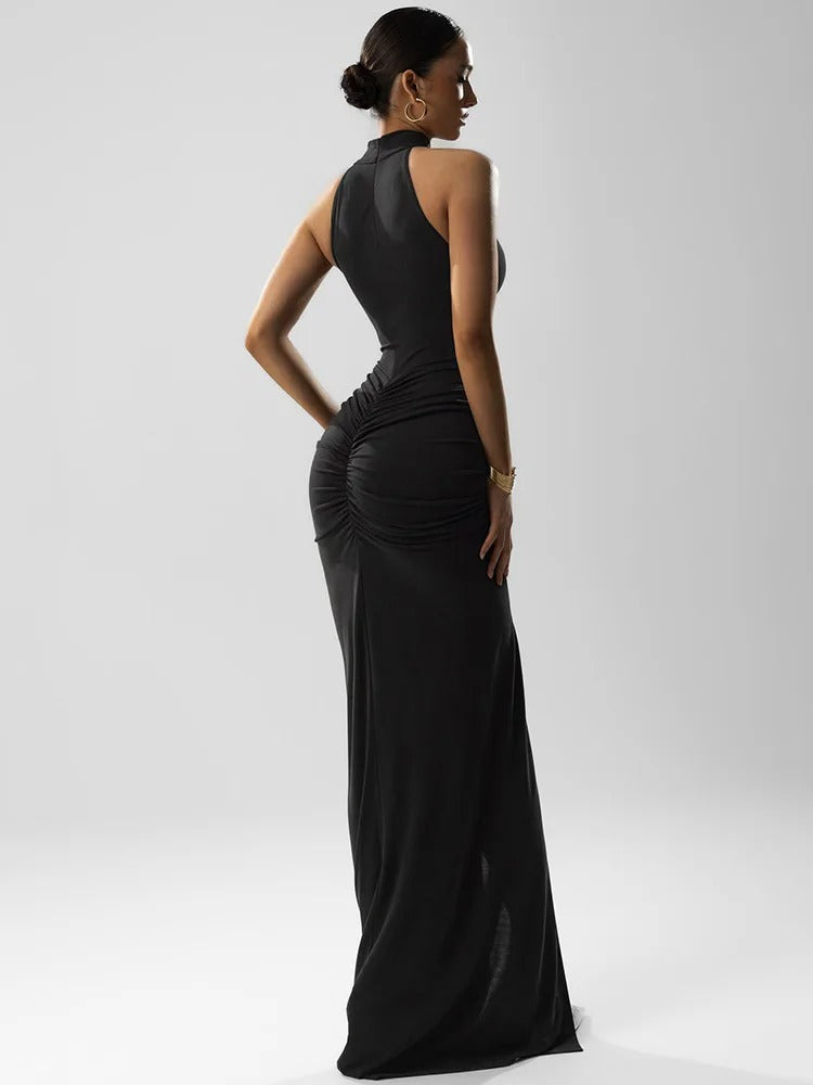 Halter Neck Evening Gown – Sleeveless Ruched Maxi Dress with High Slit