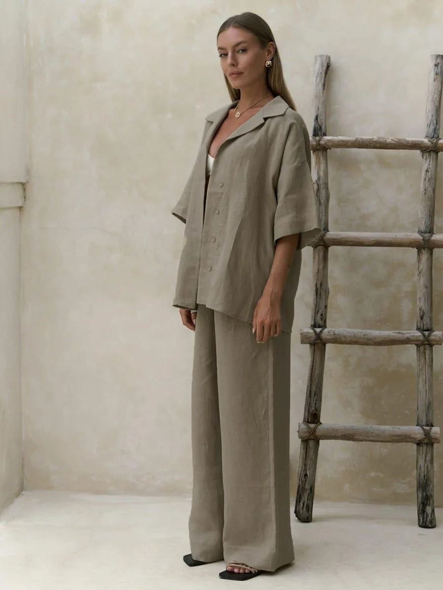 Linen Co Ord Set – Oversized Shirt and Wide Leg Trousers