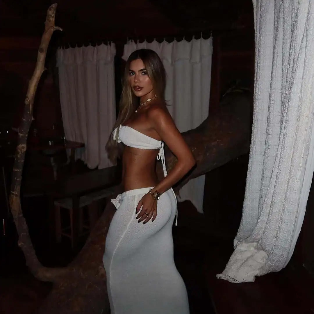 Knit Two Piece Set – Strapless Crop Top & Maxi Skirt Beach Outfit
