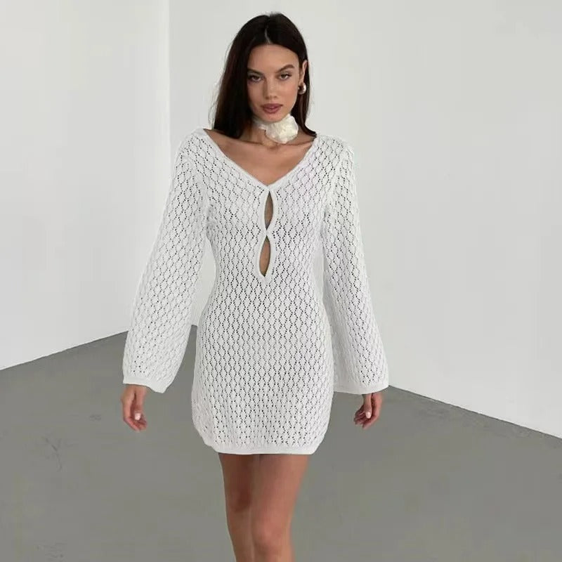 Crochet Knit Mini Dress – Long Sleeve Beach Cover Up