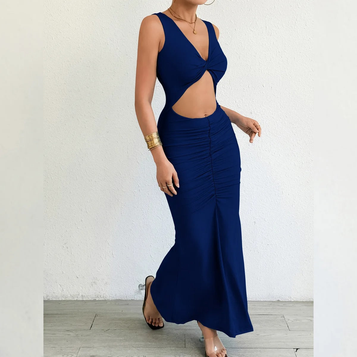 Cut Out Maxi Dress – Sleeveless Ruched Bodycon Evening Party Gown