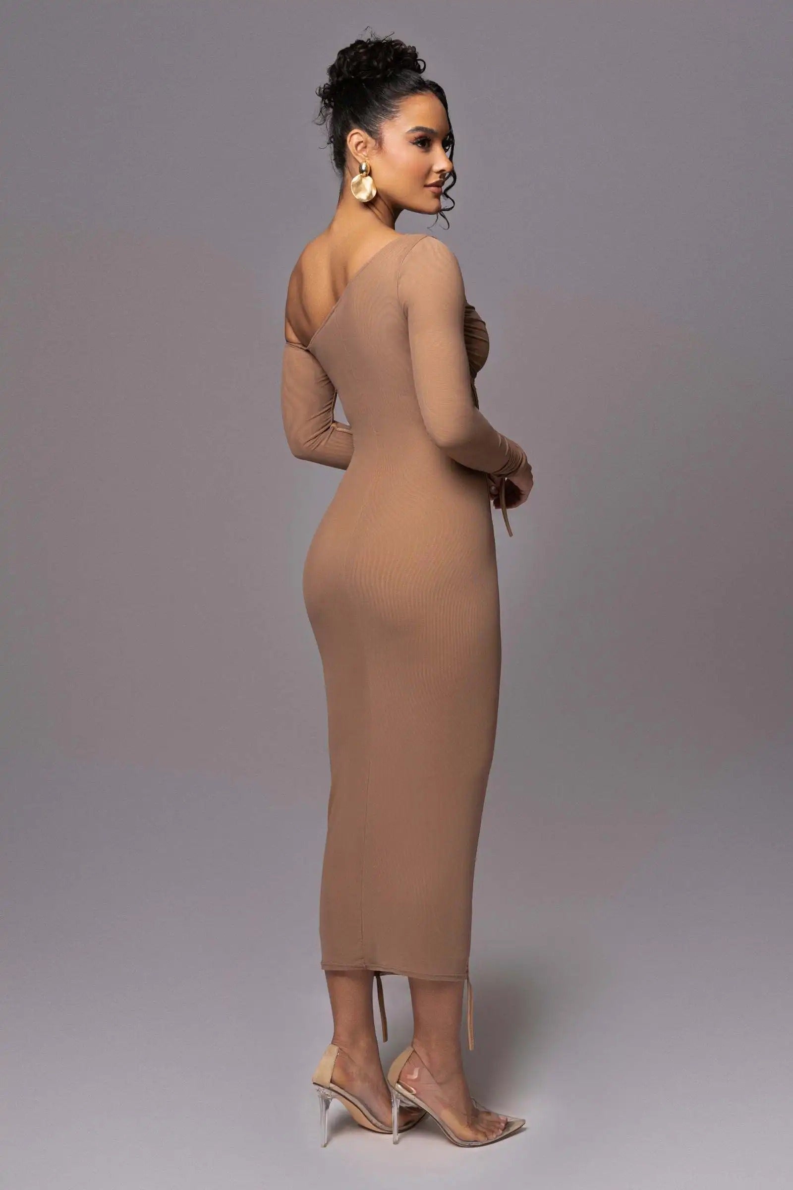 Elegant One Shoulder Long Sleeve Midi Dress – Bodycon Ruched Party Outfit