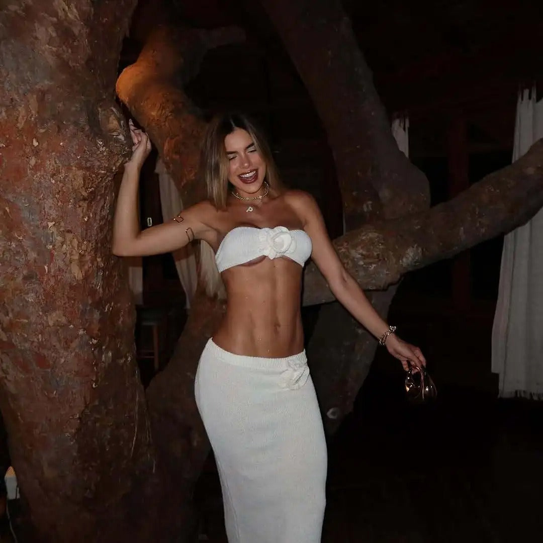 Knit Two Piece Set – Strapless Crop Top & Maxi Skirt Beach Outfit