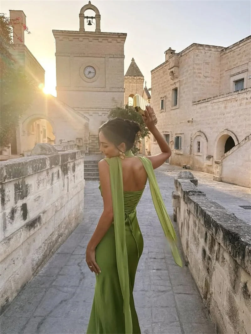 Elegant Lace Up Satin Backless Maxi Dress – Evening Gown