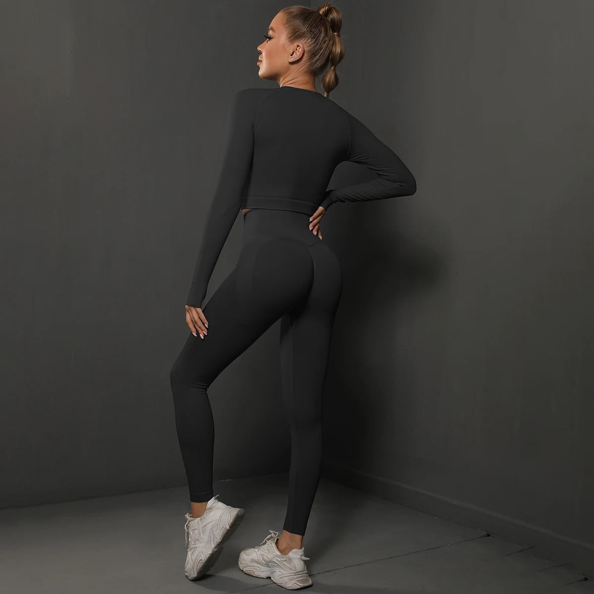 Seamless Yoga Set – Long Sleeve Crop Top & High Waist Leggings Gym Activewear