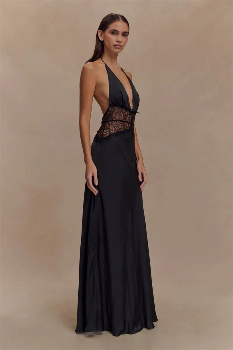 Halter Maxi Dress – Deep V Neck Lace Waist Evening Gown