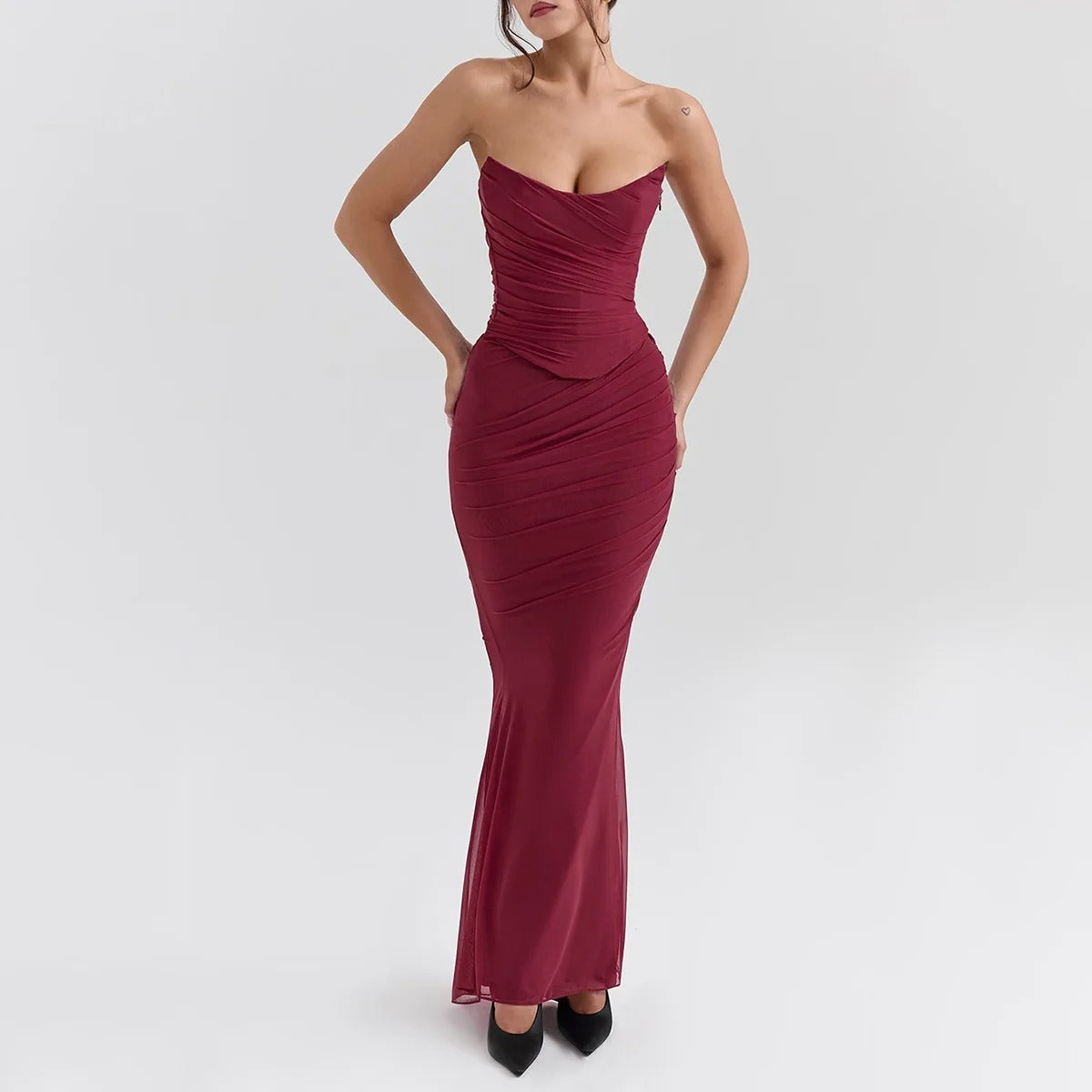 Strapless Maxi Dress – Elegant Ruched Evening Gown