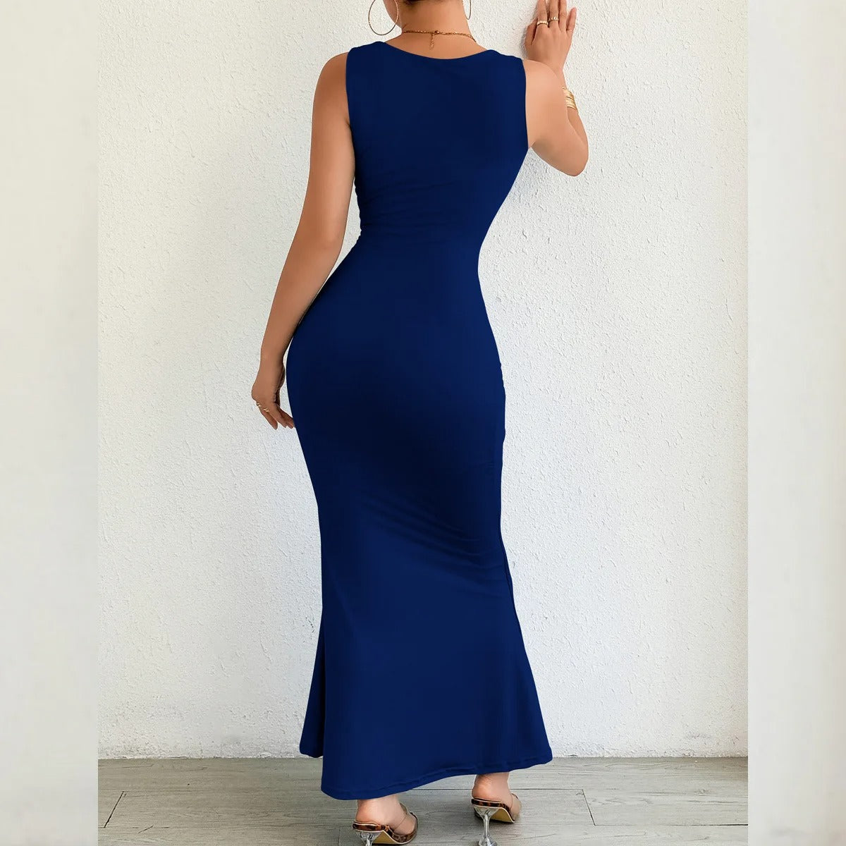 Cut Out Maxi Dress – Sleeveless Ruched Bodycon Evening Party Gown