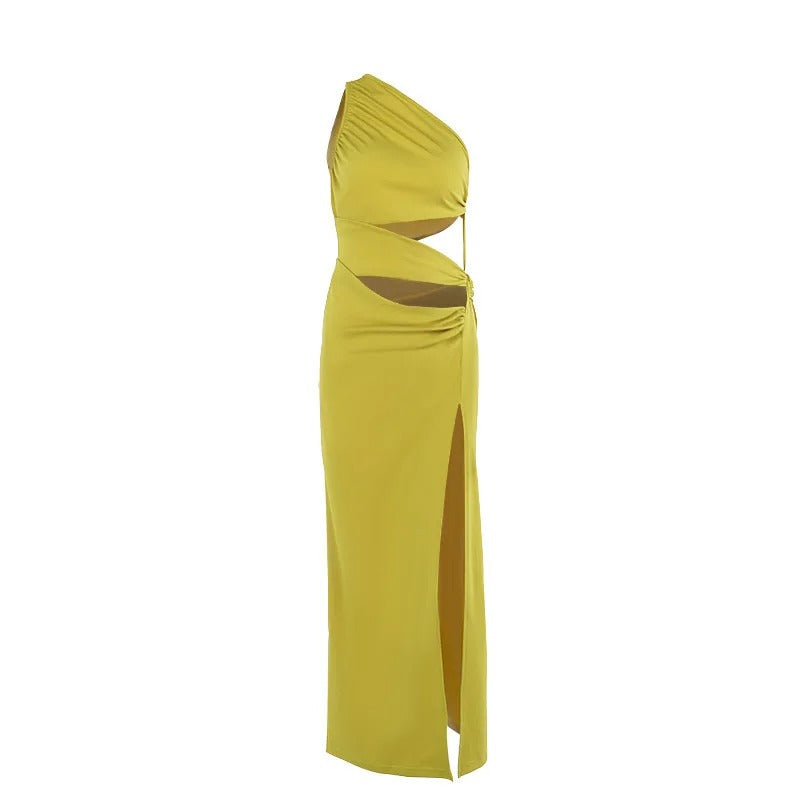 One Shoulder Cut Out Maxi Dress – Elegant High Slit Evening Gown