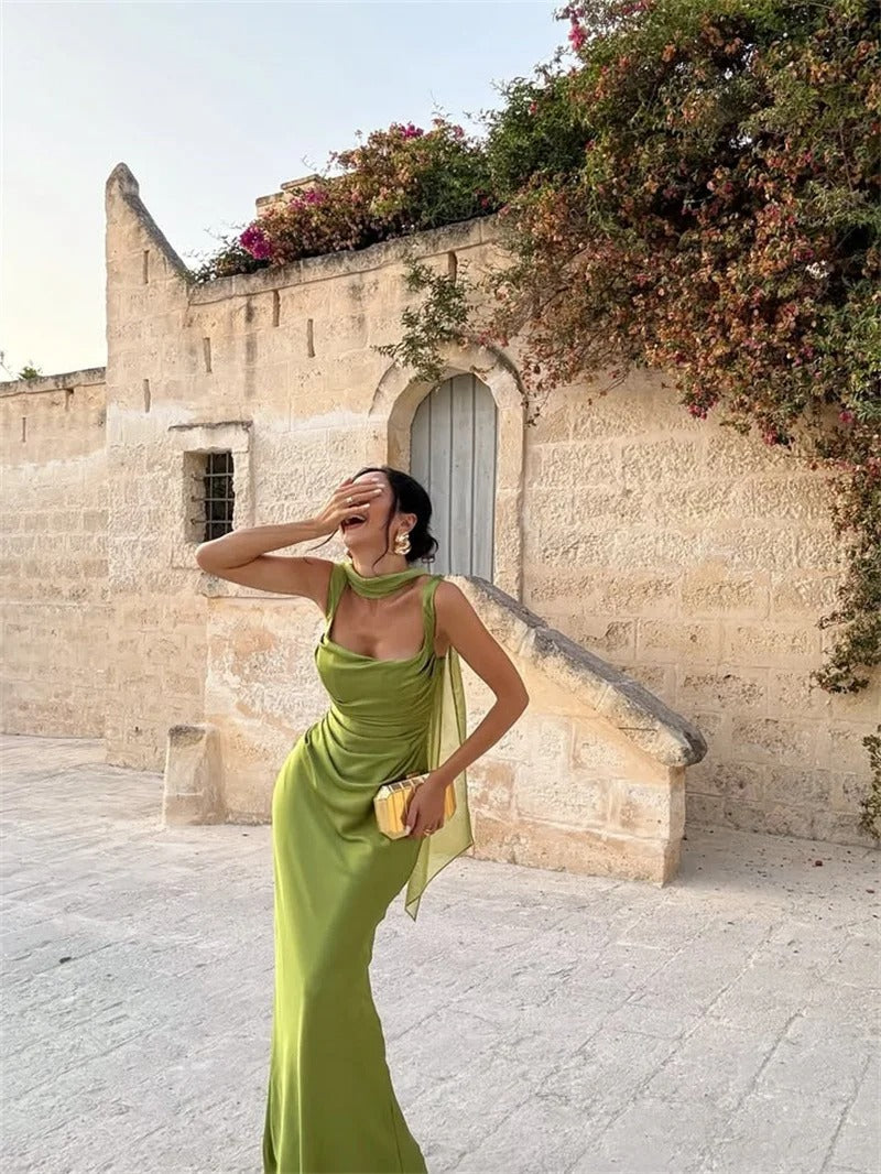 Elegant Lace Up Satin Backless Maxi Dress – Evening Gown