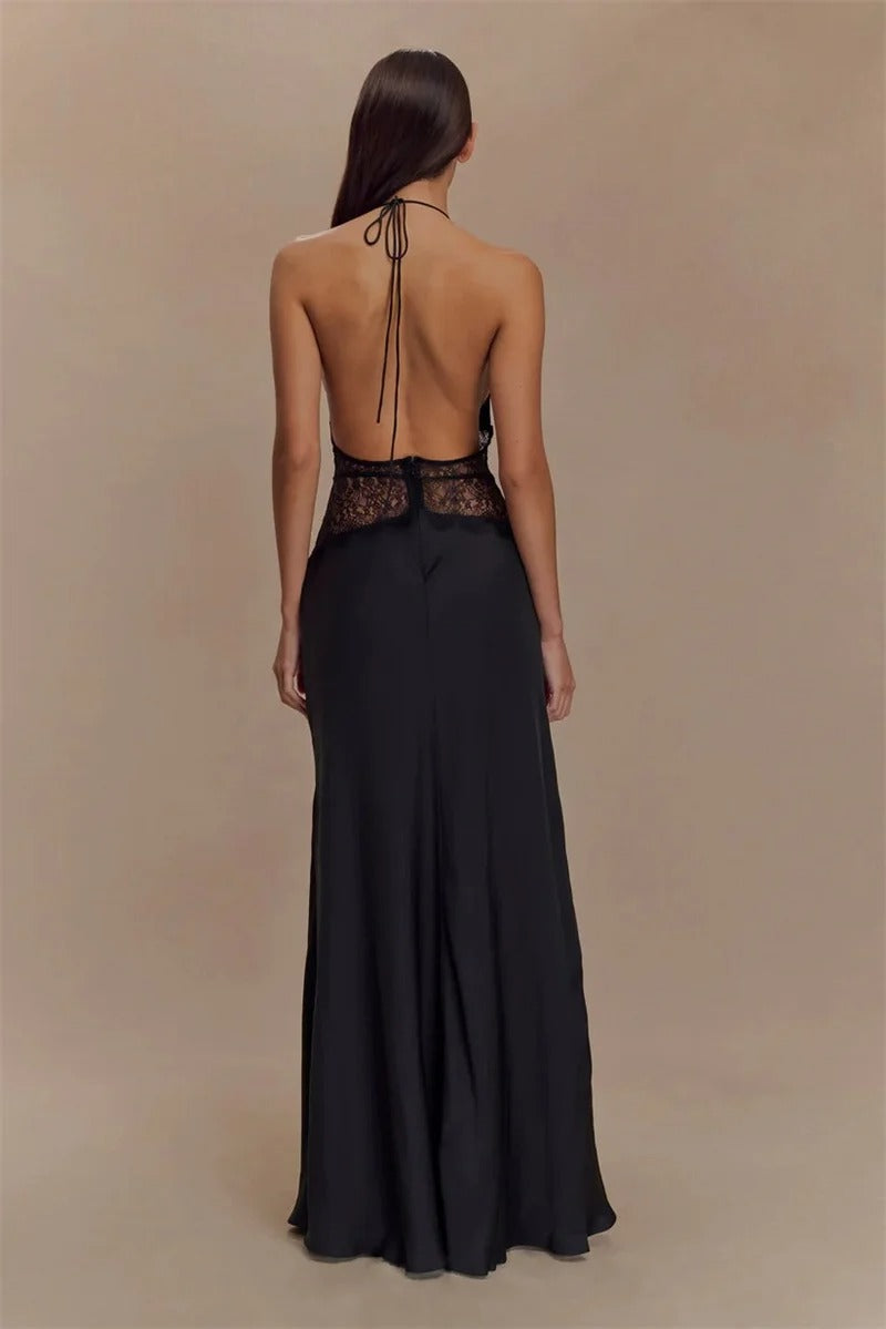Halter Maxi Dress – Deep V Neck Lace Waist Evening Gown