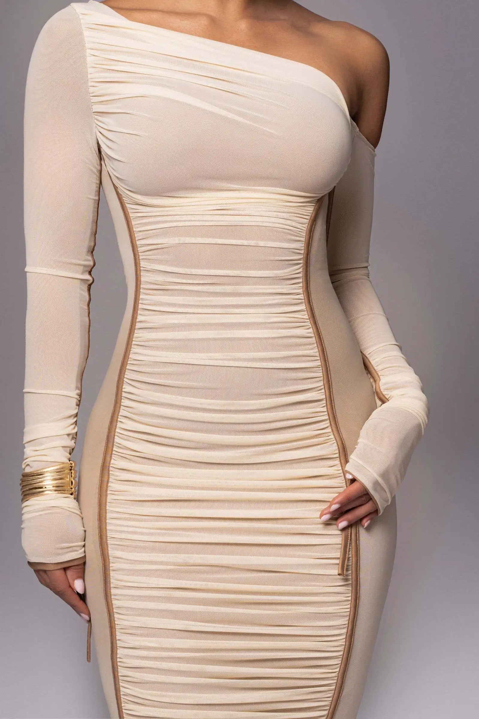 Elegant One Shoulder Long Sleeve Midi Dress – Bodycon Ruched Party Outfit