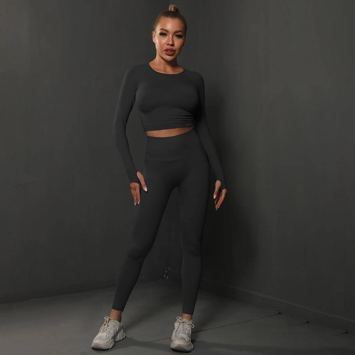 Seamless Yoga Set – Long Sleeve Crop Top & High Waist Leggings Gym Activewear
