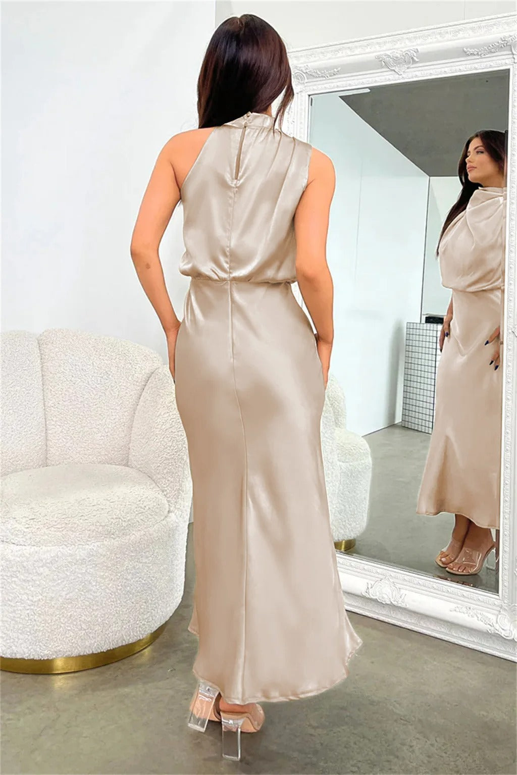 Satin Halter Neck Evening Dress Formal Gown
