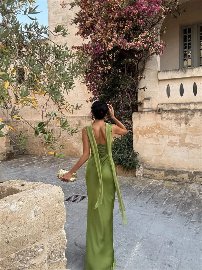 Elegant Lace Up Satin Backless Maxi Dress – Evening Gown