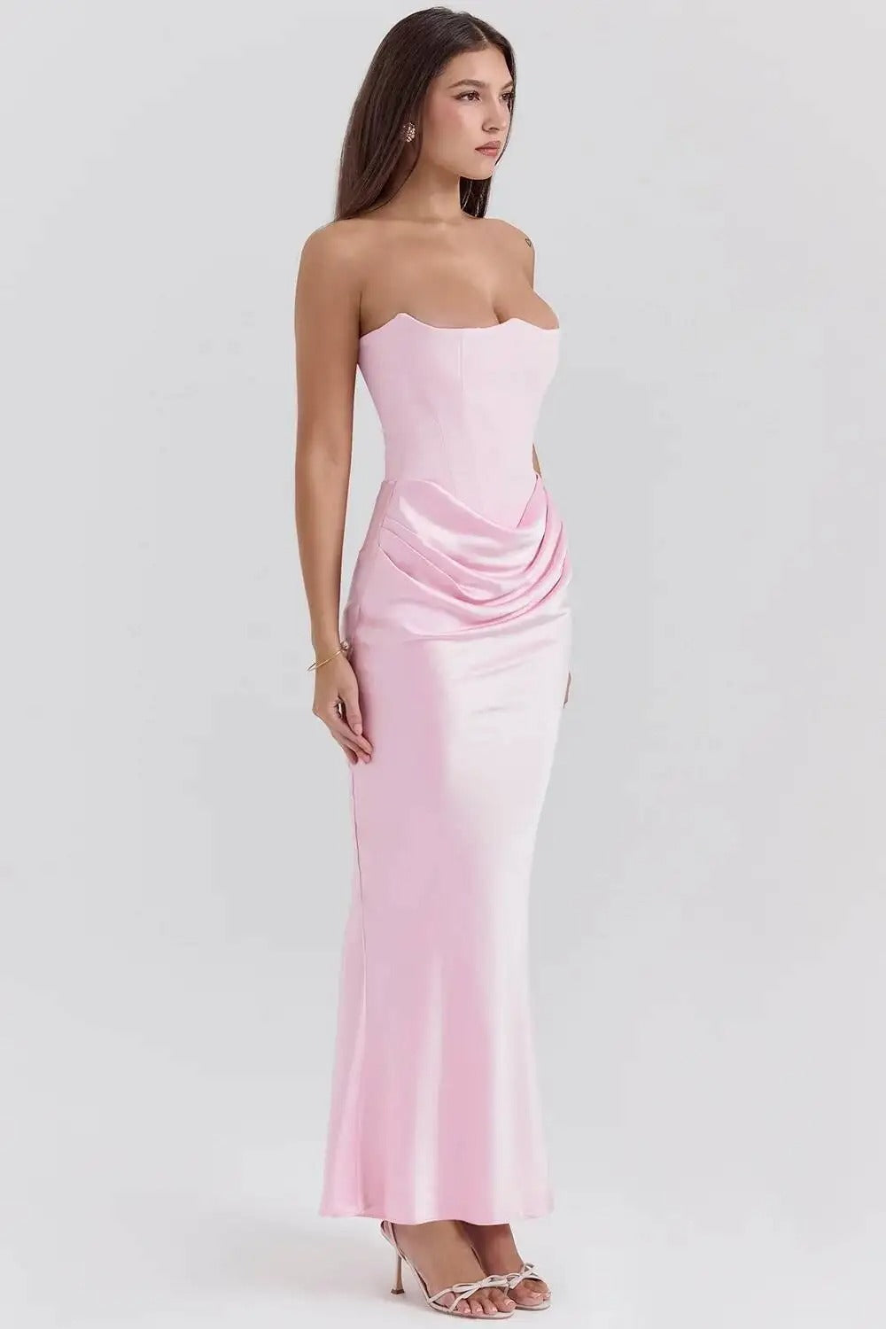 Satin Corset Strapless Maxi Dress – Elegant Off Shoulder Evening Gown