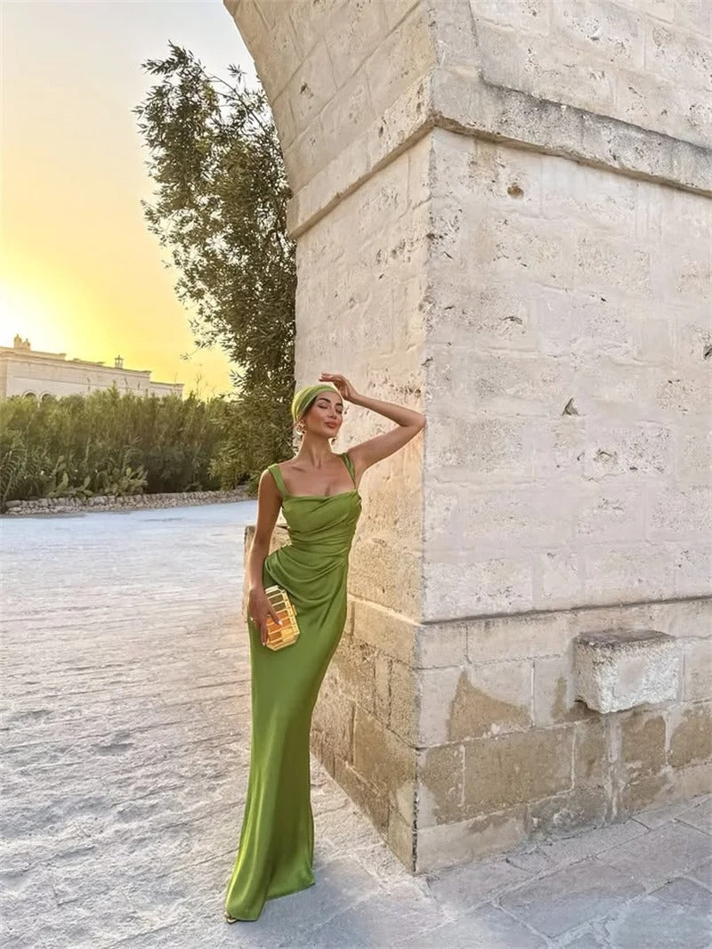 Elegant Lace Up Satin Backless Maxi Dress – Evening Gown