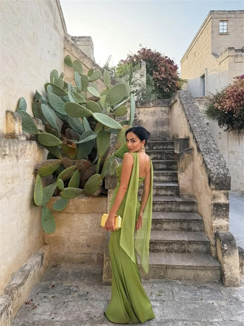 Elegant Lace Up Satin Backless Maxi Dress – Evening Gown