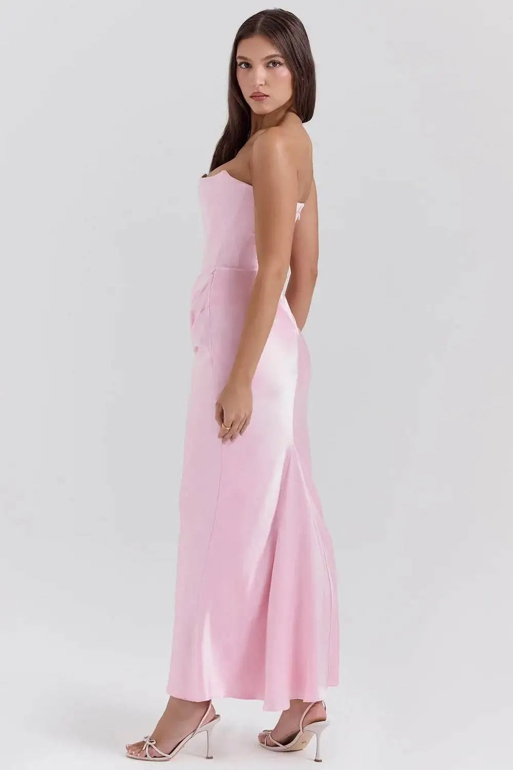 Satin Corset Strapless Maxi Dress – Elegant Off Shoulder Evening Gown