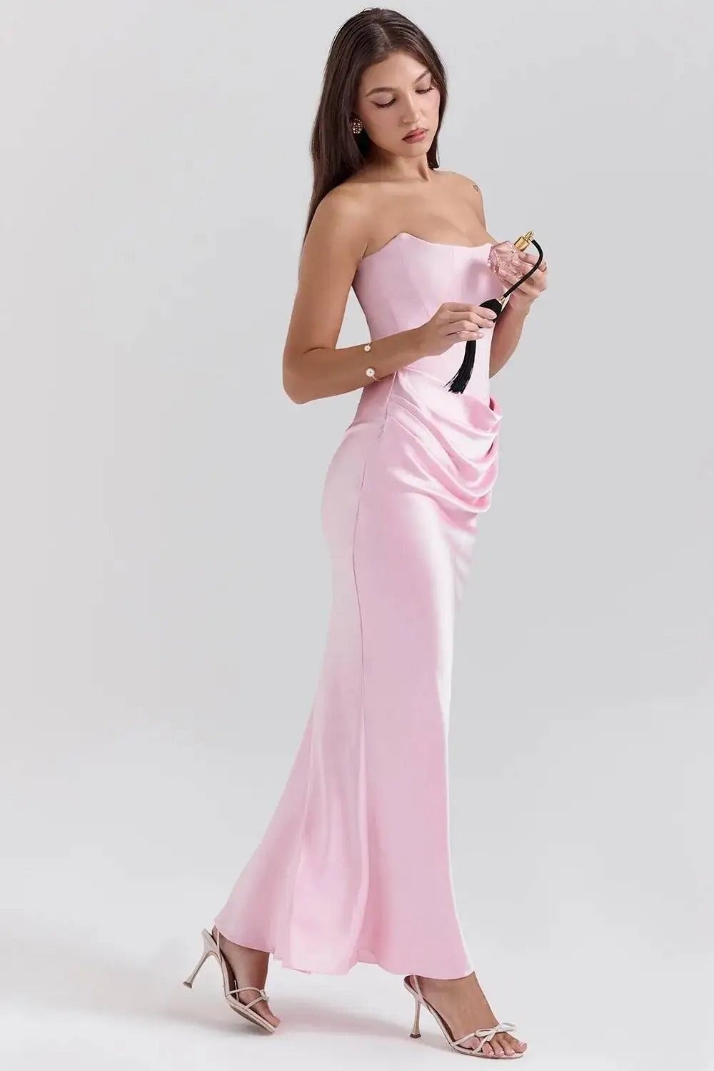 Satin Corset Strapless Maxi Dress – Elegant Off Shoulder Evening Gown