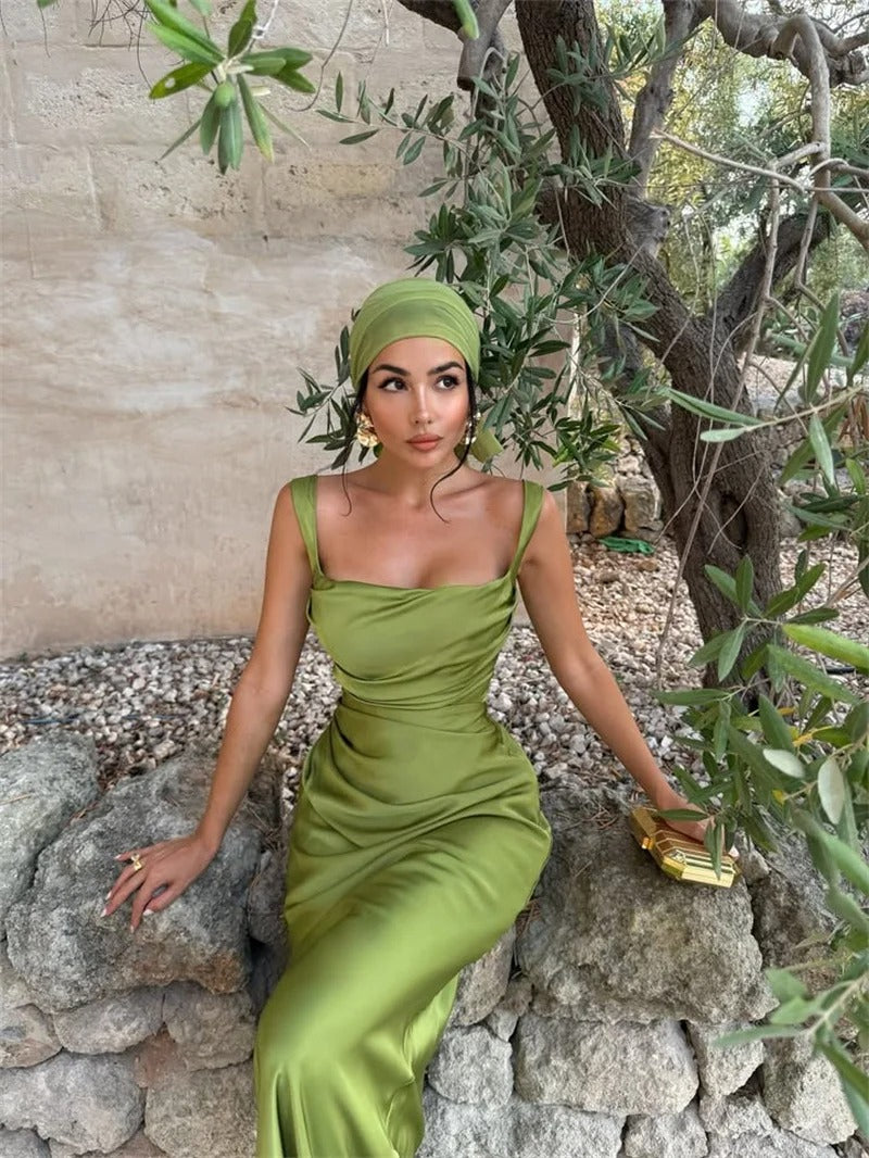 Elegant Lace Up Satin Backless Maxi Dress – Evening Gown