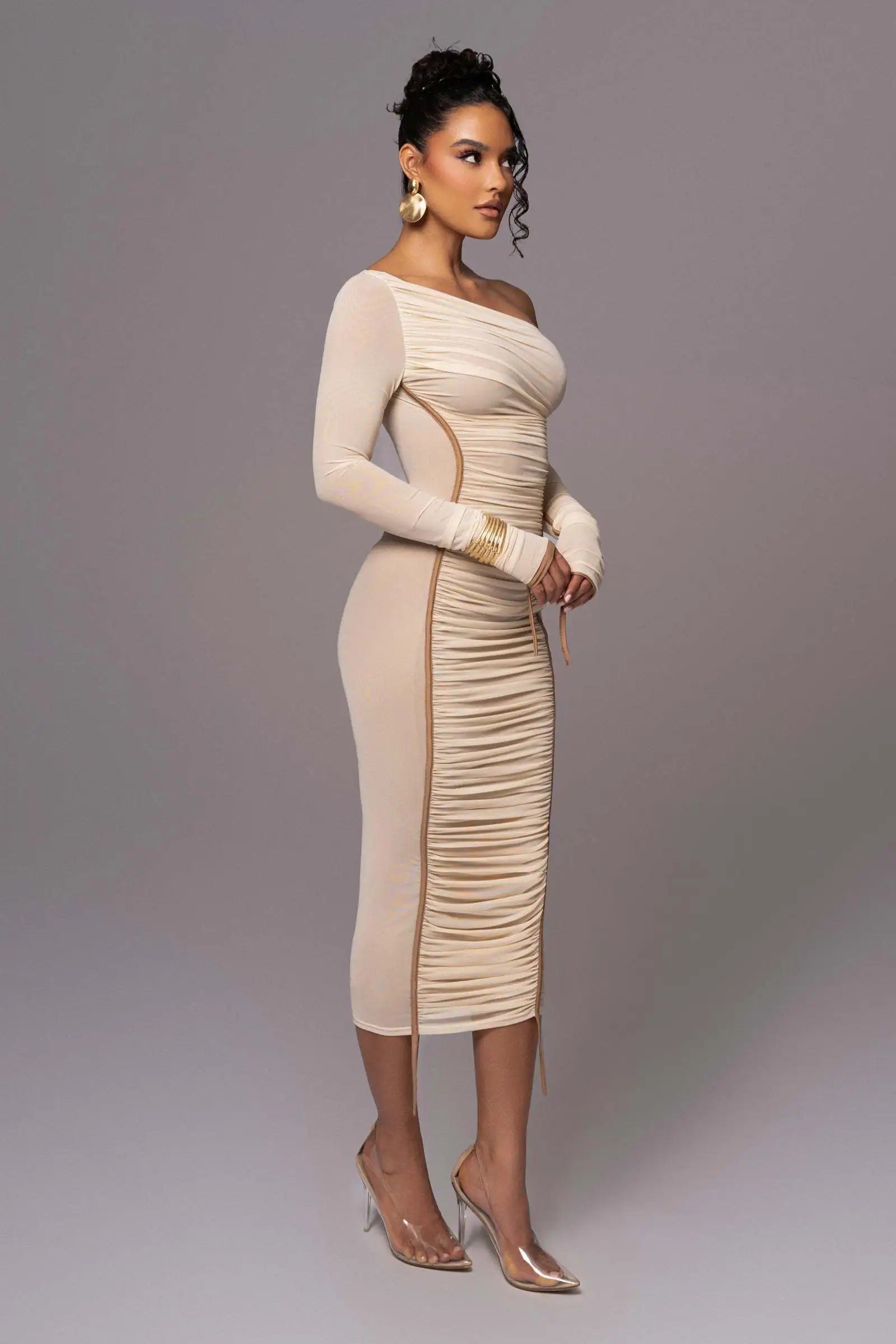 Elegant One Shoulder Long Sleeve Midi Dress – Bodycon Ruched Party Outfit