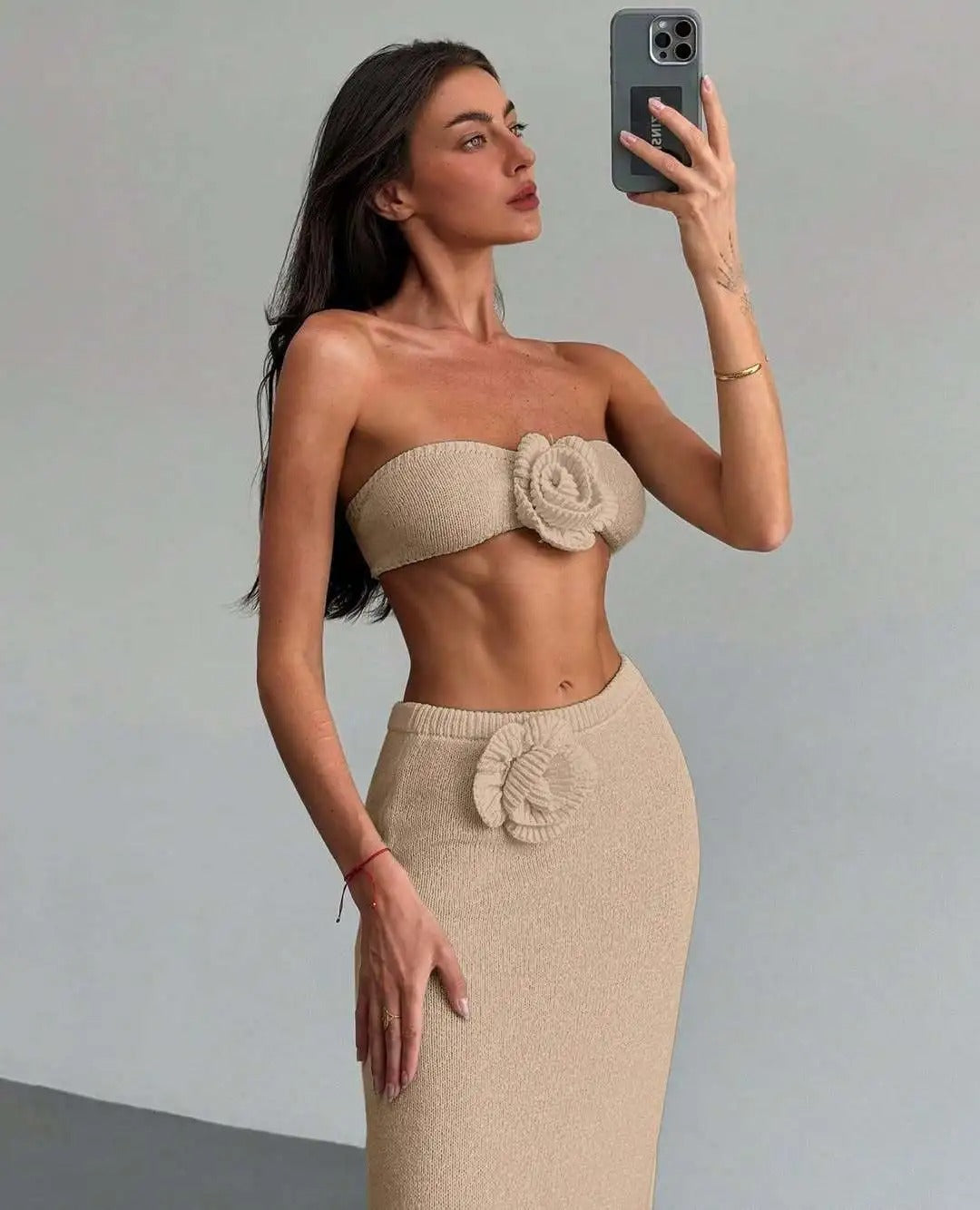 Knit Two Piece Set – Strapless Crop Top & Maxi Skirt Beach Outfit