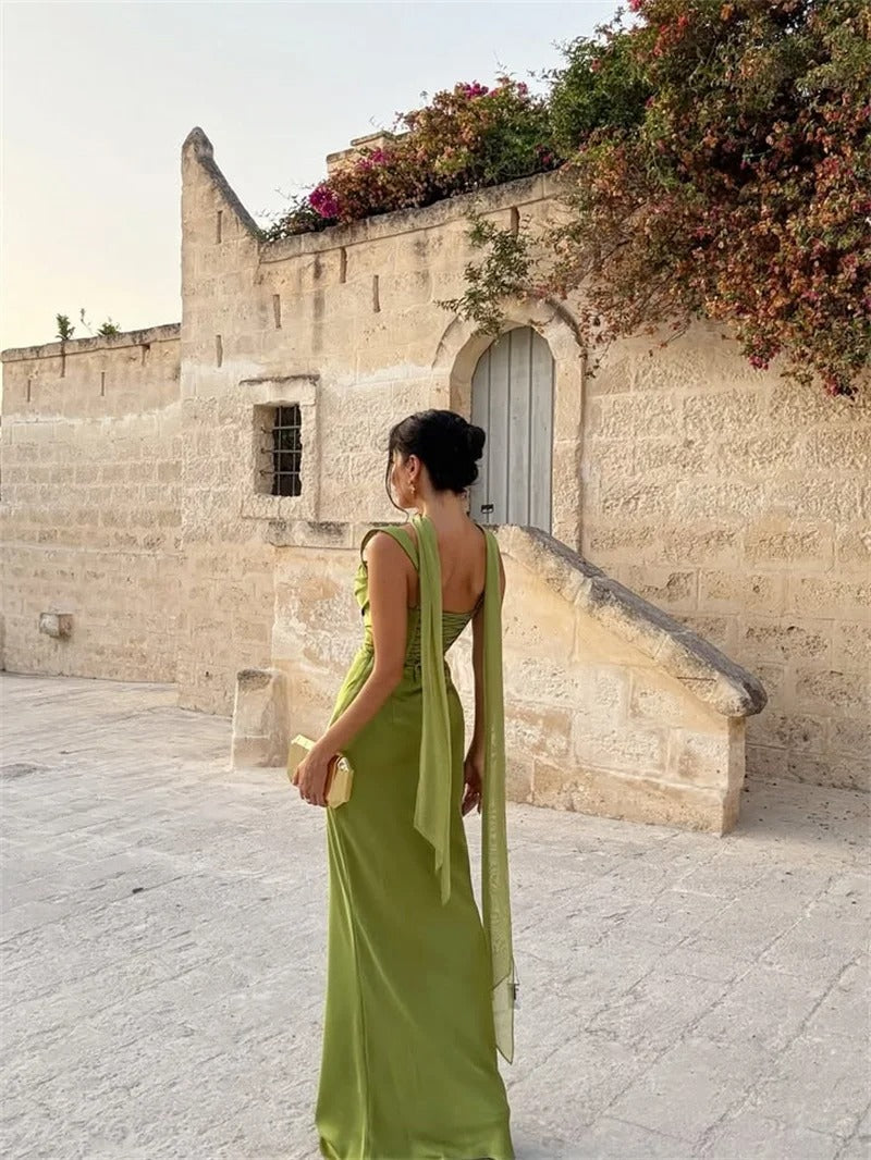 Elegant Lace Up Satin Backless Maxi Dress – Evening Gown