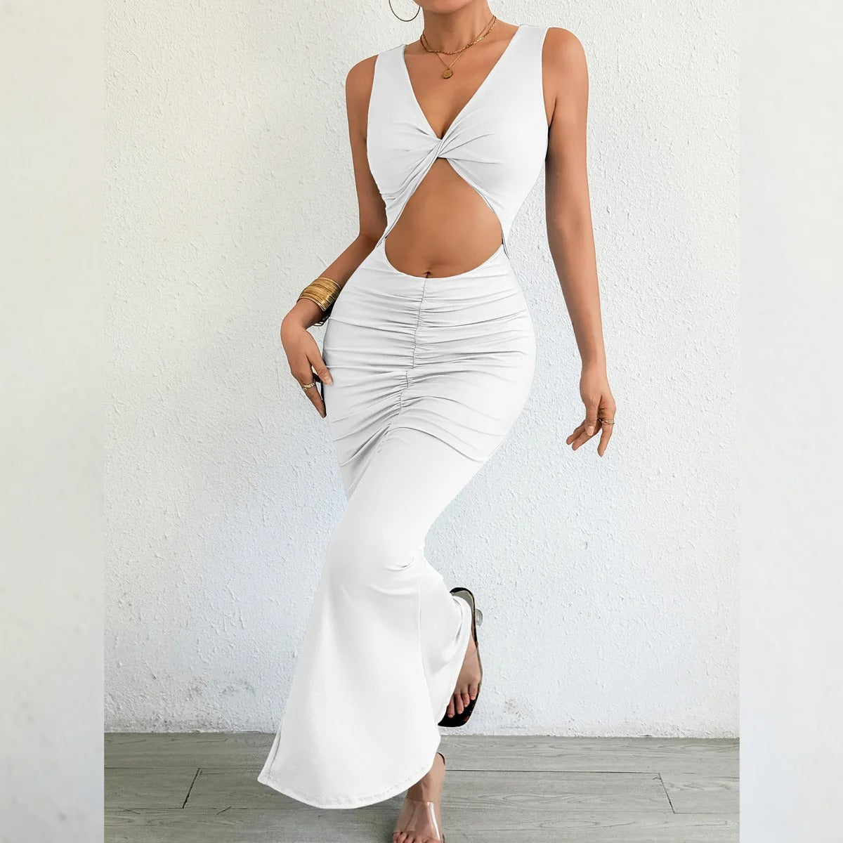 Cut Out Maxi Dress – Sleeveless Ruched Bodycon Evening Party Gown