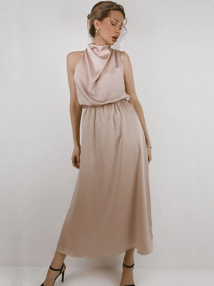 Satin Halter Neck Evening Dress Formal Gown