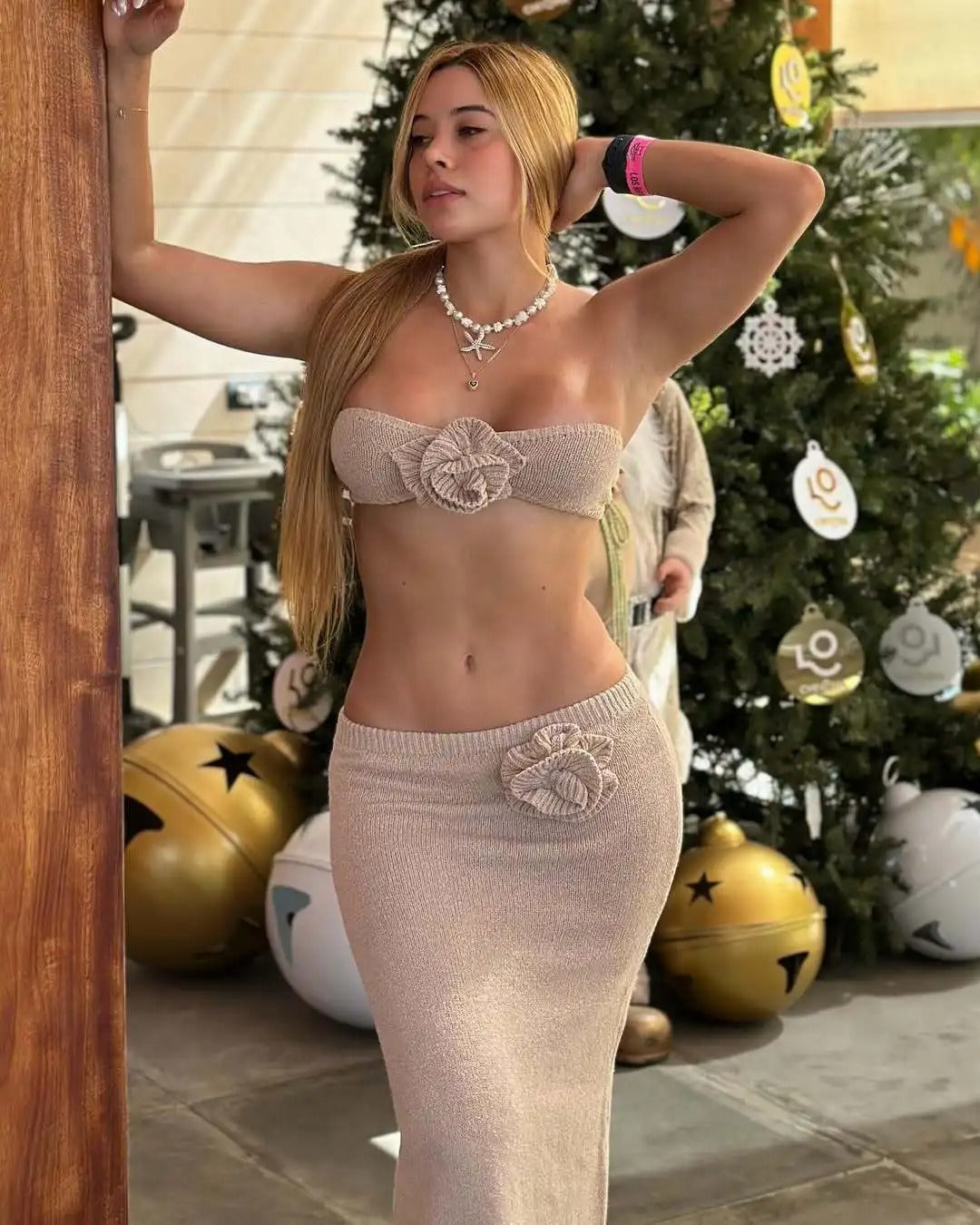 Knit Two Piece Set – Strapless Crop Top & Maxi Skirt Beach Outfit