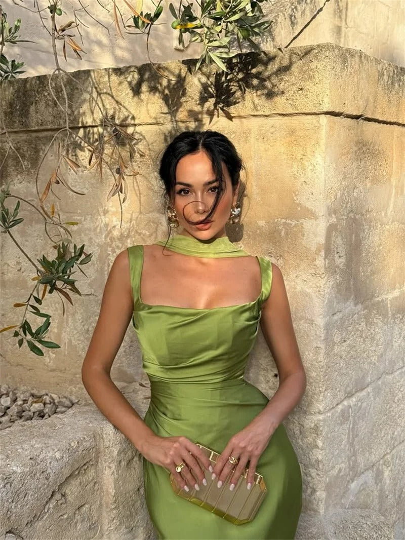 Elegant Lace Up Satin Backless Maxi Dress – Evening Gown