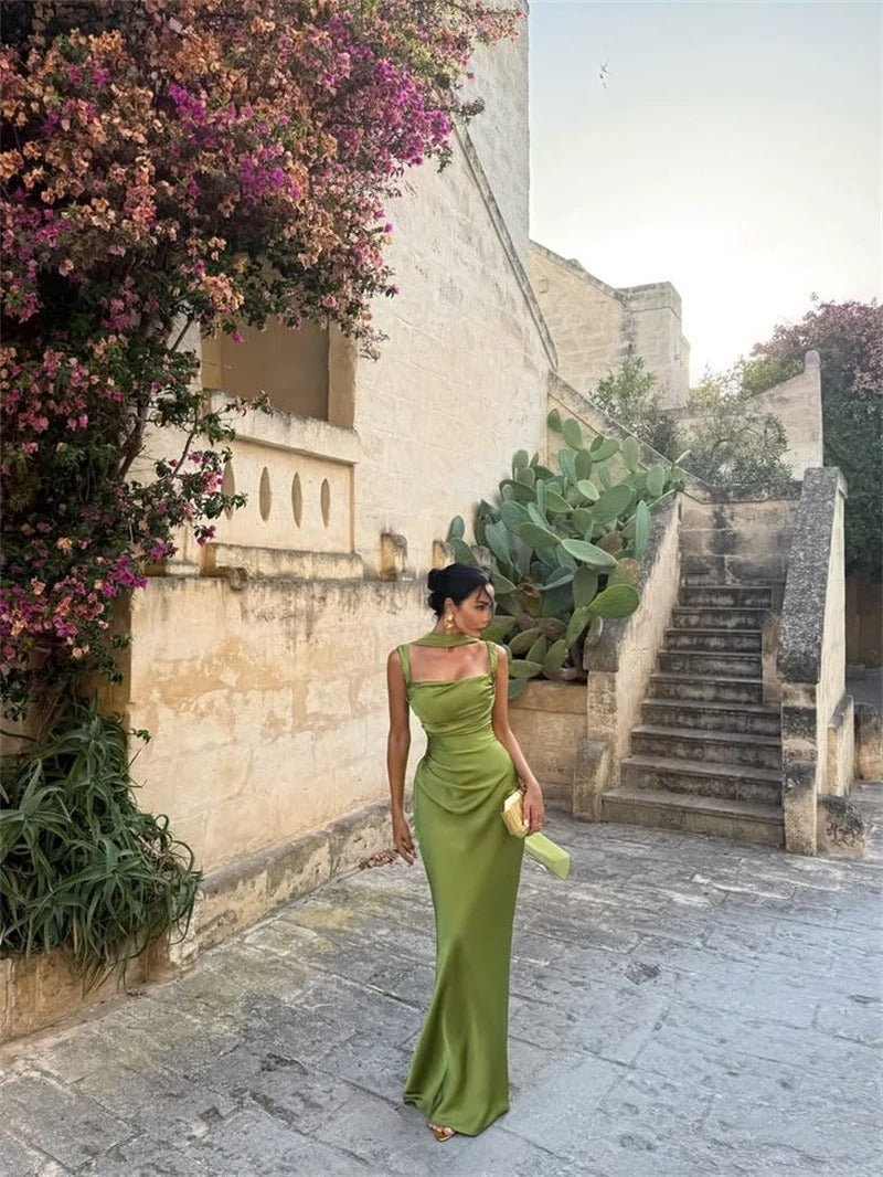 Elegant Lace Up Satin Backless Maxi Dress – Evening Gown